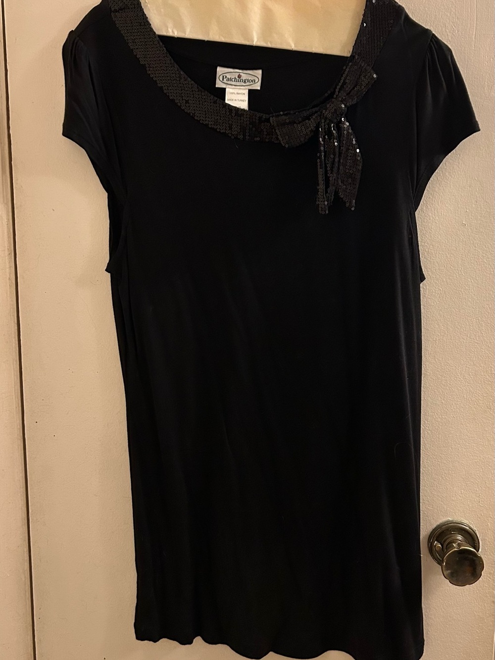 Patchington Black Short Sleeve Top with Sequin Neckline Bow